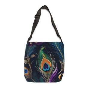 Tote Bag with vibrant peacock feather design featuring blue, green, and gold accents and adjustable strap