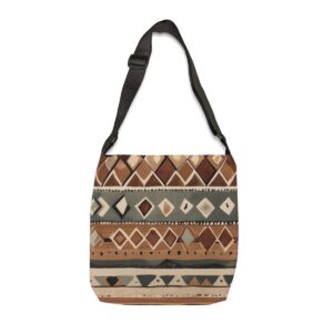 Tote Bag with intricate Berber geometric patterns in earthy brown, beige, and green tones with adjustable strap