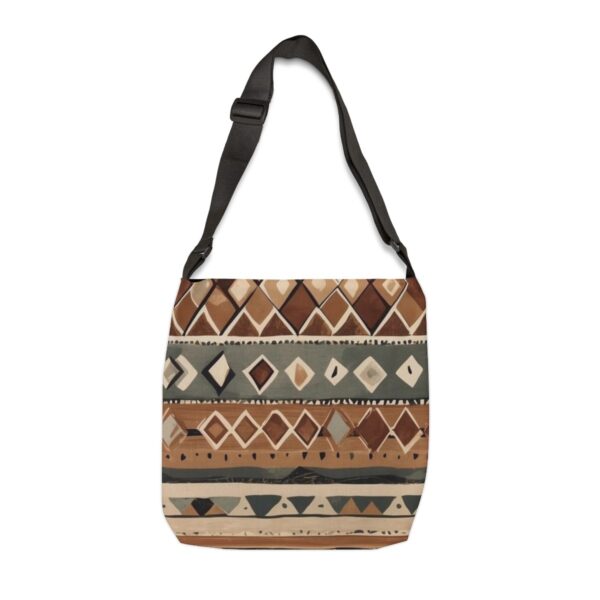 Tote Bag with intricate Berber geometric patterns in earthy brown, beige, and green tones with adjustable strap