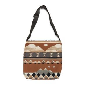 Tote Bag with Berber geometric patterns in earthy brown, beige, and black tones with adjustable strap