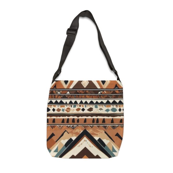 Tote Bag with intricate Berber geometric patterns in earthy brown, teal, and black tones with adjustable strap