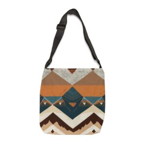 Tote Bag with geometric Berber patterns in earthy orange, teal, and brown tones and adjustable strap