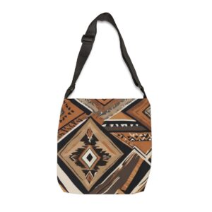 Tote Bag with geometric Berber style patterns in earthy tones and adjustable strap