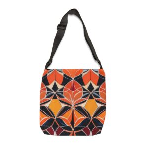 Tote Bag with symmetrical floral-inspired geometric pattern in orange, red, and black tones