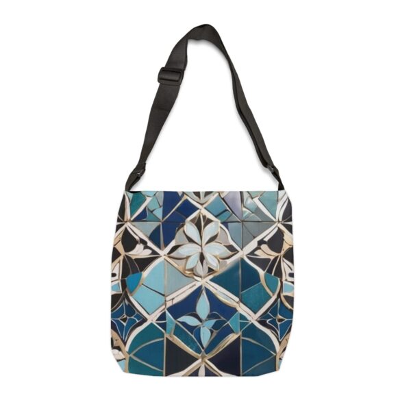 Tote Bag with blue and white Moroccan mosaic tile pattern and adjustable strap