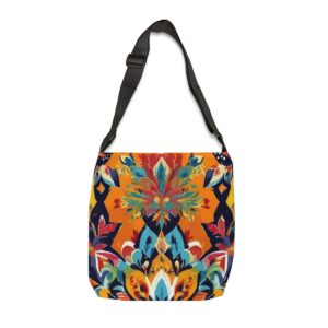 Tote Bag with vibrant market-inspired floral pattern on orange and yellow background and adjustable strap