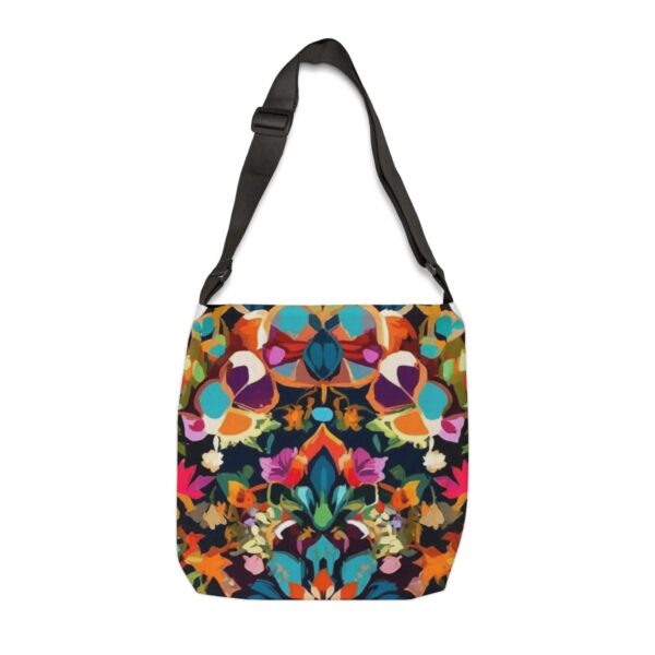 Tote Bag with colorful market-inspired floral pattern and adjustable strap