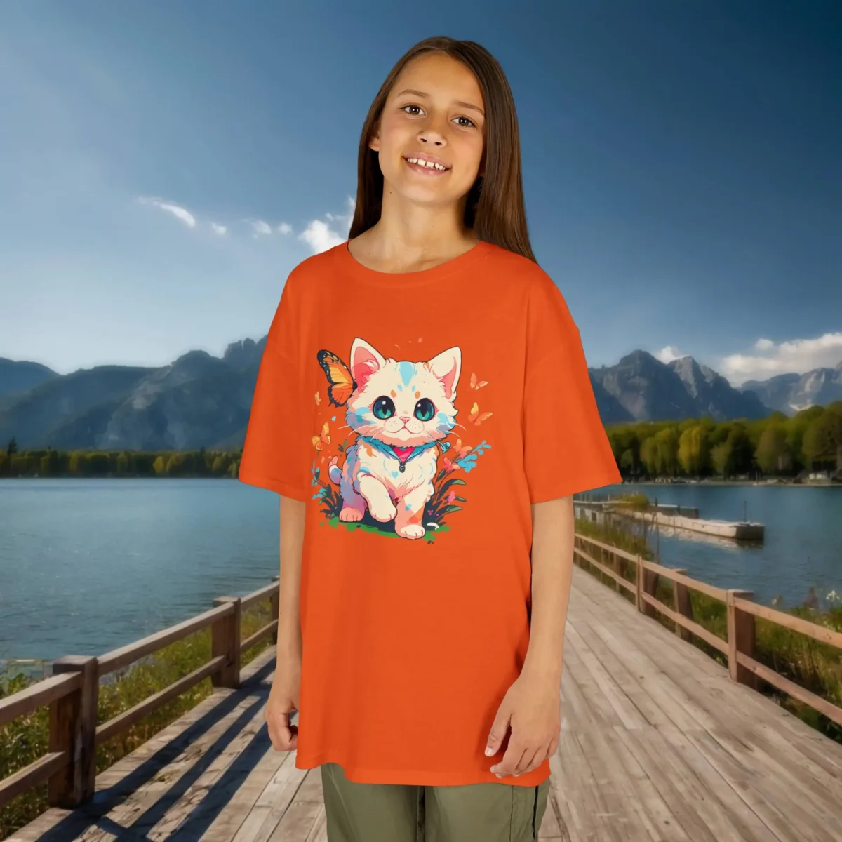 Girl wearing an orange t-shirt with a big-eyed cartoon kitten and butterflies, smiling on a wooden dock by a lake.