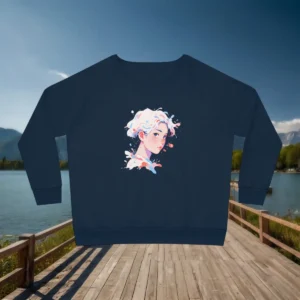 Flatlay of navy sweatshirt with a vibrant pastel portrait of a young woman in artistic style