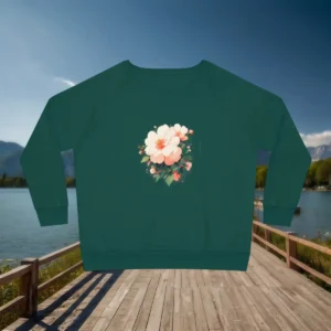 Flatlay of a green sweatshirt with a watercolor-style camellia flower print in soft peach and white
