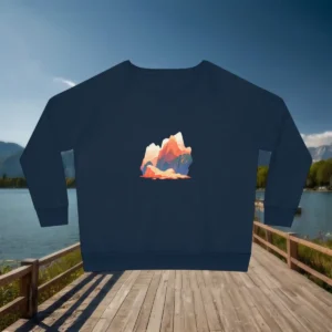 Flatlay of a navy sweatshirt with an artistic print of desert canyons in red, orange, and cream tones