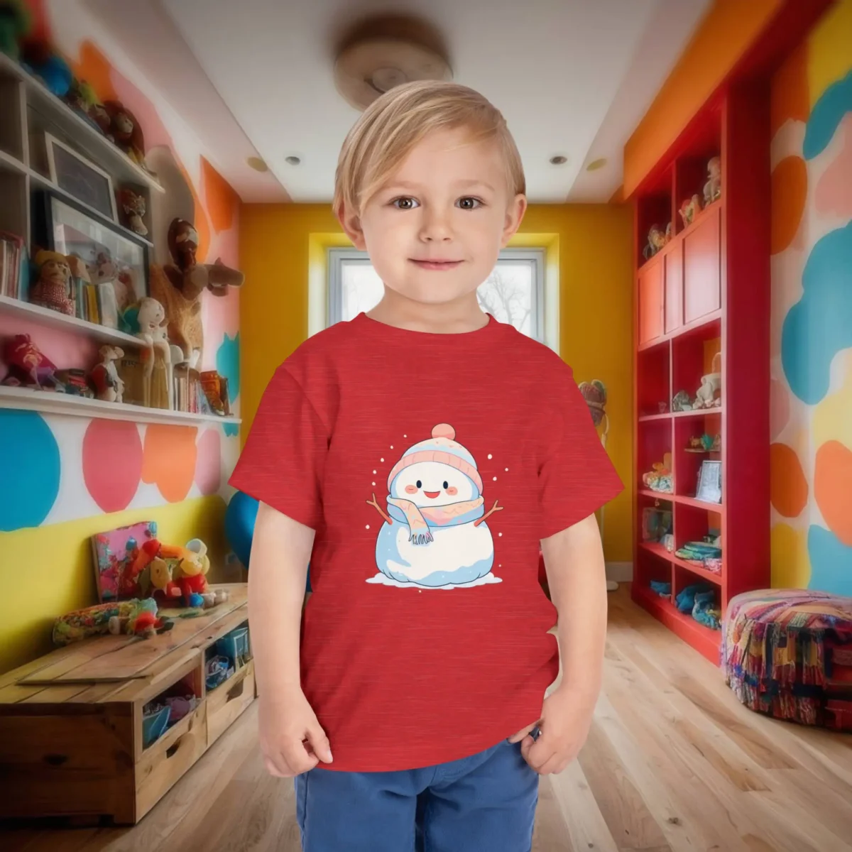 Toddler wearing a red heather t-shirt with a cute smiling snowman in a winter scene.