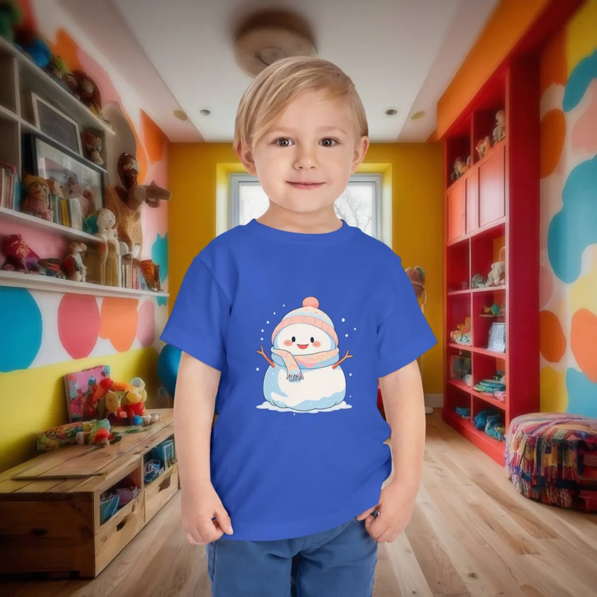 Toddler wearing a royal blue t-shirt featuring a smiling snowman with a pink hat and scarf.