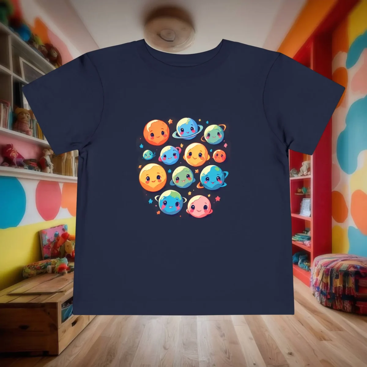 Navy blue toddler t-shirt with colorful kawaii-style cartoon planets