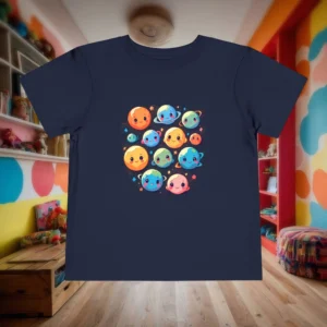 Navy blue toddler t-shirt with colorful kawaii-style cartoon planets