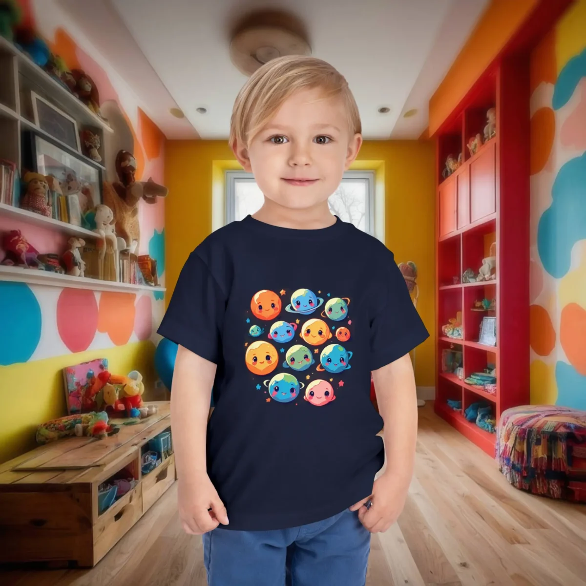 Toddler in navy blue t-shirt with kawaii solar system planet illustrations