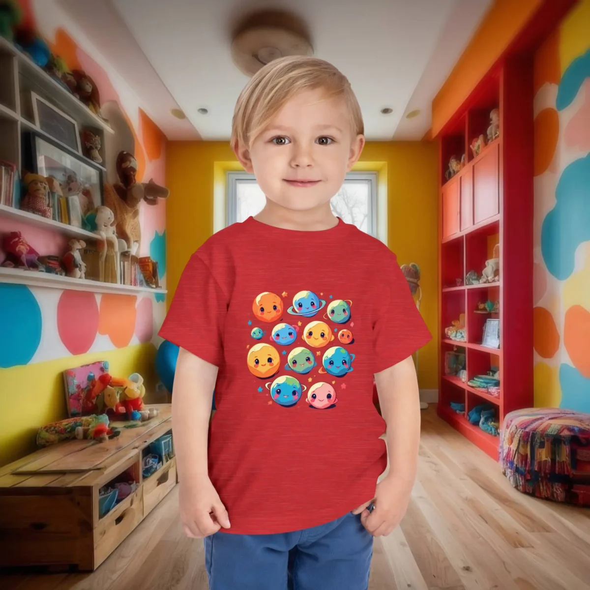 A navy toddler tee worn by a young child, featuring an endearing lineup of happy planets in a playful, colorful design. Encouraging early interest in space, this shirt is both stylish and educational.