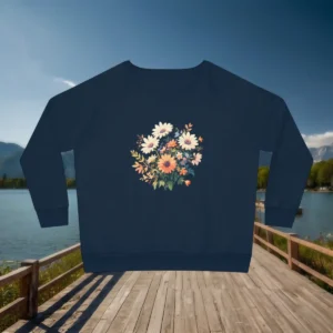 Flatlay of navy sweatshirt with wildflower and daisy bouquet graphic