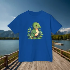 Light blue kids t-shirt featuring a colorful cartoon baby Apatosaurus standing in green foliage, displayed on a wooden dock by a lake.