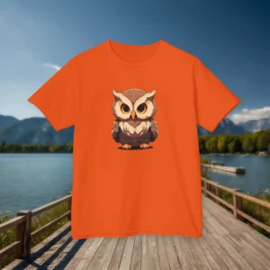 Front view of an orange kids' t-shirt with a cartoon baby owl featuring large eyes and fluffy feathers, displayed on a boardwalk by a lake.
