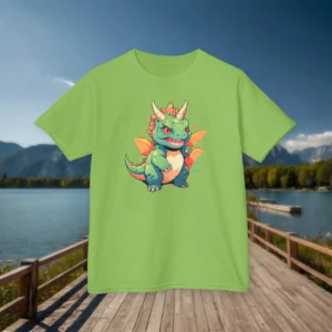 Front view of a light green kids' t-shirt with a bold cartoon baby Carnotaurus graphic, displayed on a wooden dock by a lake.