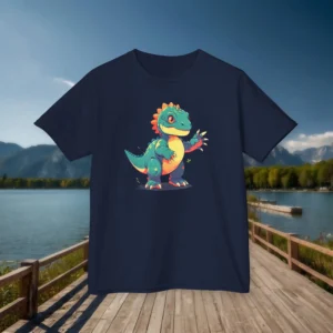 Navy blue kids' t-shirt featuring a colorful cartoon baby Allosaurus standing on a boardwalk by a scenic lake and mountains.