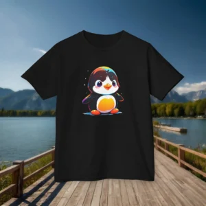 Black kids T-shirt featuring a colorful baby penguin cartoon design, laid flat on a boardwalk near a scenic lake and mountains.