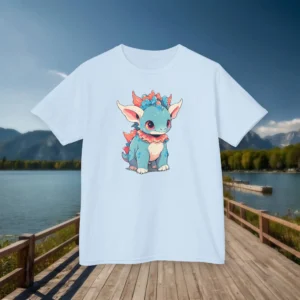 Flat lay of a light blue kids T-shirt with a baby Styracosaurus illustration, placed on a wooden dock with a mountain lake in the background.