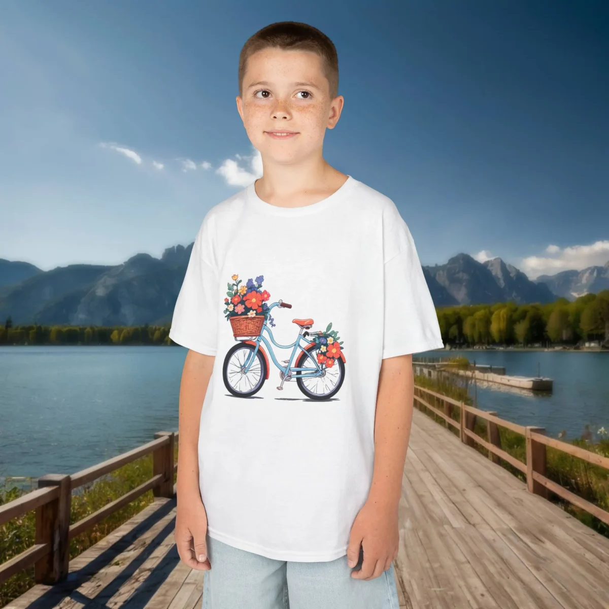 Young boy in a white t-shirt featuring a floral bicycle graphic design, standing on a scenic wooden path by a lake.
