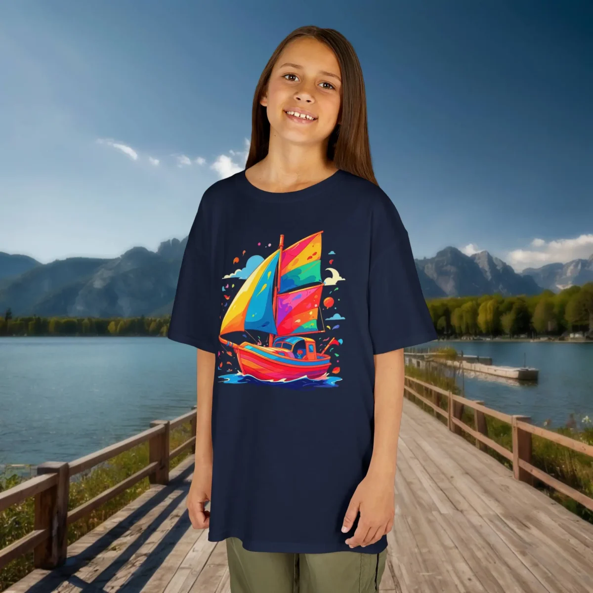 Girl wearing a navy blue kids t-shirt with a bold and colorful sailboat design, standing on a boardwalk by a scenic lake.