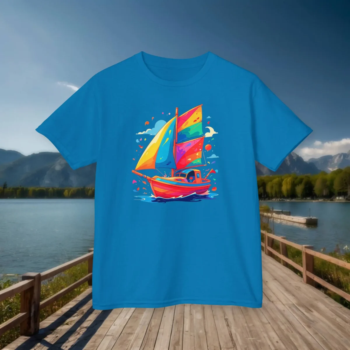Flat lay of royal blue kids t-shirt featuring a colorful sailboat graphic design, placed on a wooden dock by a scenic lake.