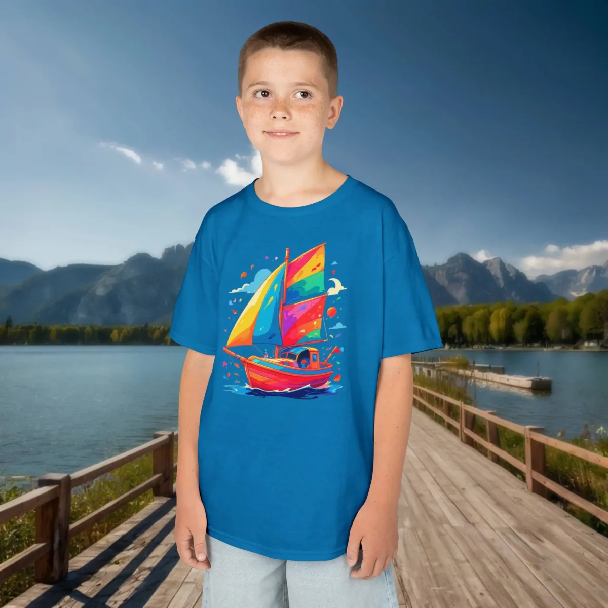 Smiling boy in a royal blue t-shirt with a multicolored sailboat illustration, posing by a peaceful lake and mountain landscape.