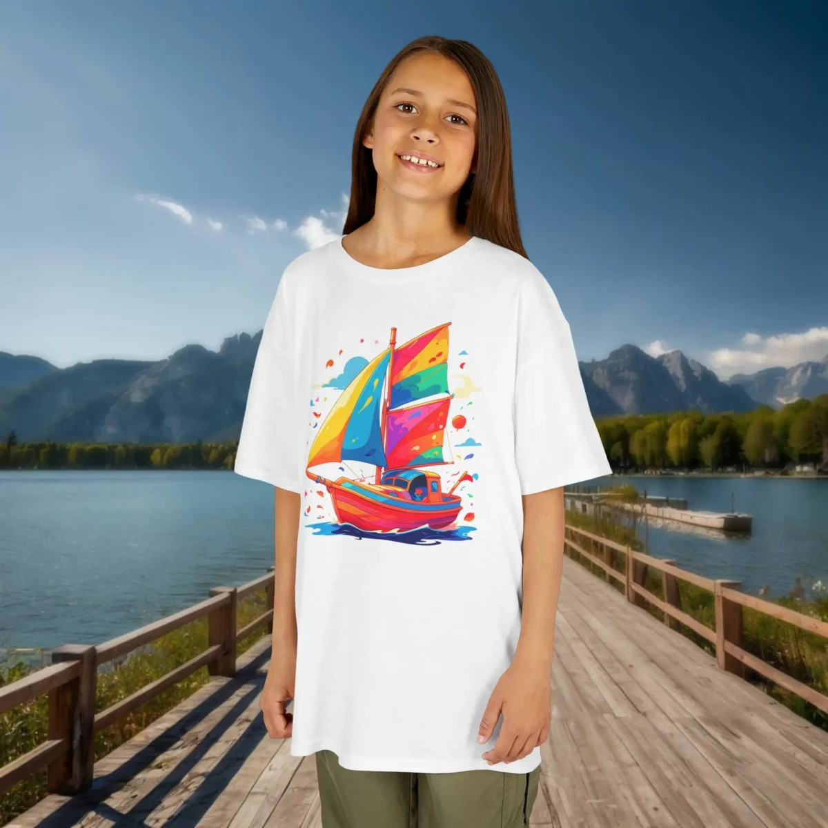 Smiling girl in a white kids t-shirt with a vibrant sailboat illustration, standing on a lakeside boardwalk with mountains in the background.