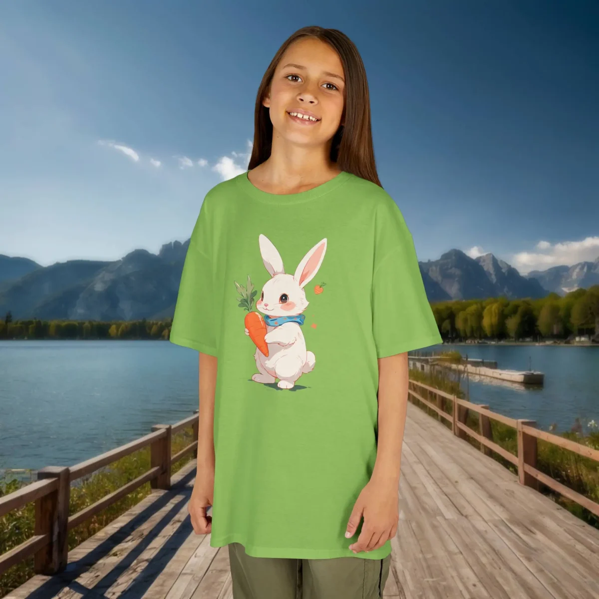 Smiling girl wearing a light green kids t-shirt with a cute cartoon bunny holding a carrot and surrounded by butterflies, standing on a scenic lakeside boardwalk.