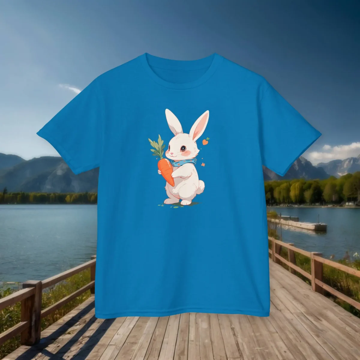 Flat lay of a royal blue t-shirt featuring a white bunny holding a carrot and surrounded by butterflies, placed on a wooden boardwalk by a lake.
