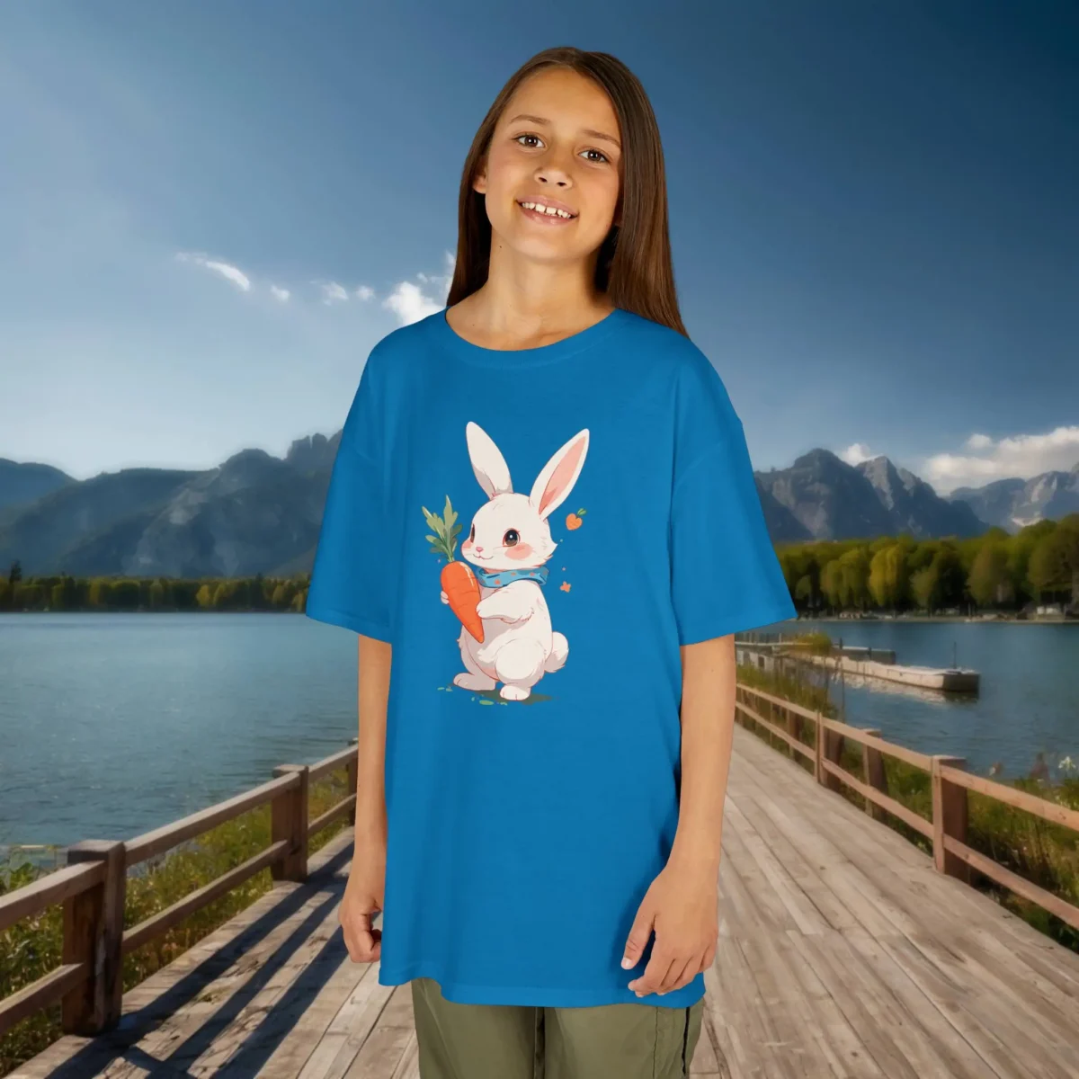Smiling girl wearing a royal blue kids t-shirt with a cute white bunny holding a carrot, standing on a lakeside boardwalk.