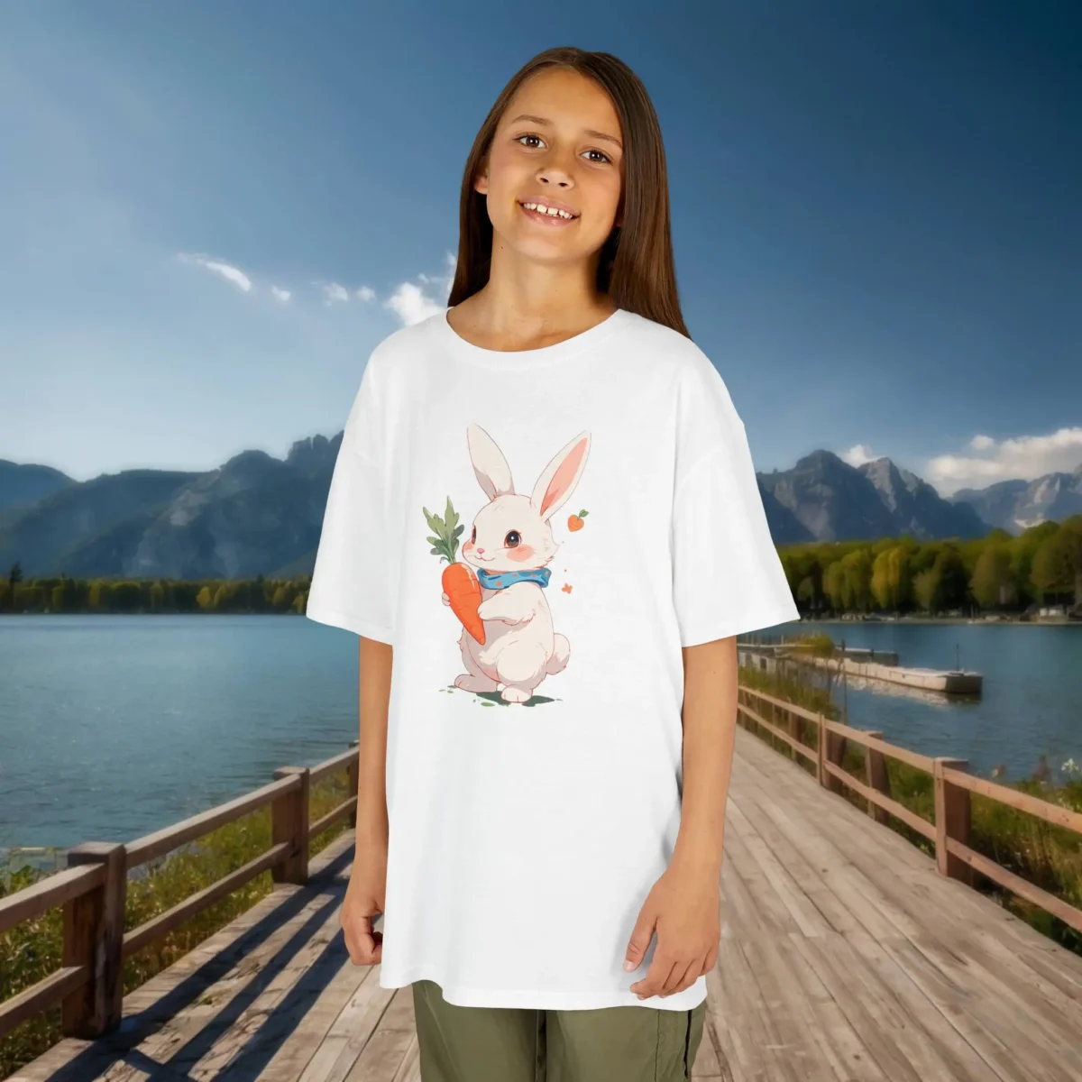 Girl wearing a white t-shirt with a cute illustrated bunny holding a carrot and wearing a blue scarf, standing by a lake with mountains.