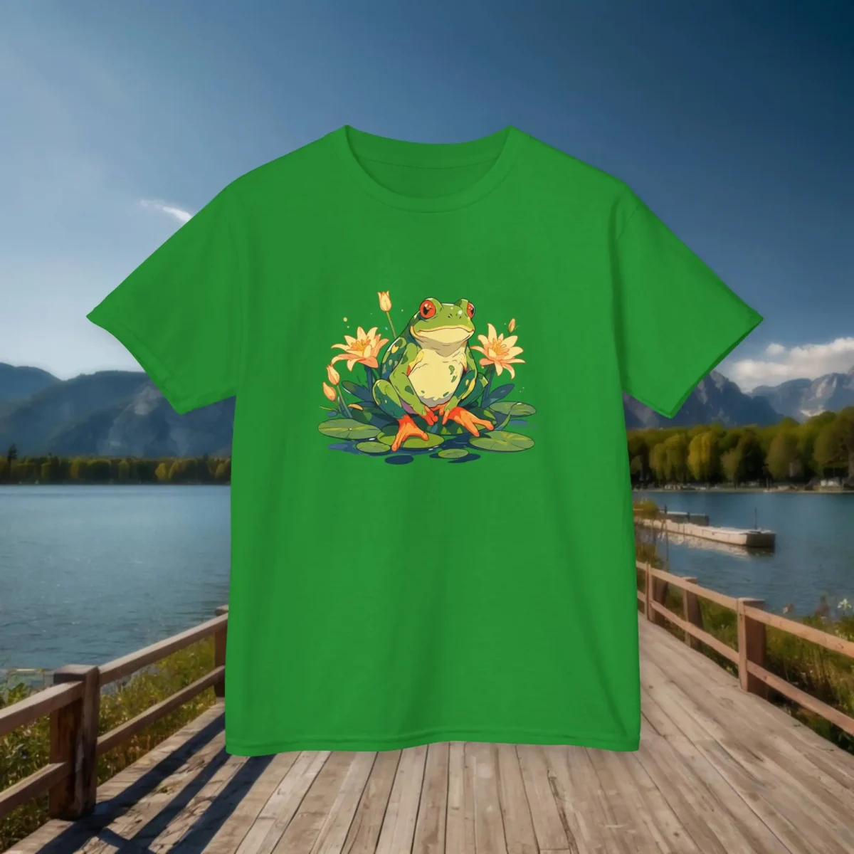Flat lay of an Irish green t-shirt with a cartoon frog sitting on lily pads surrounded by yellow flowers, placed on a lakeside boardwalk.