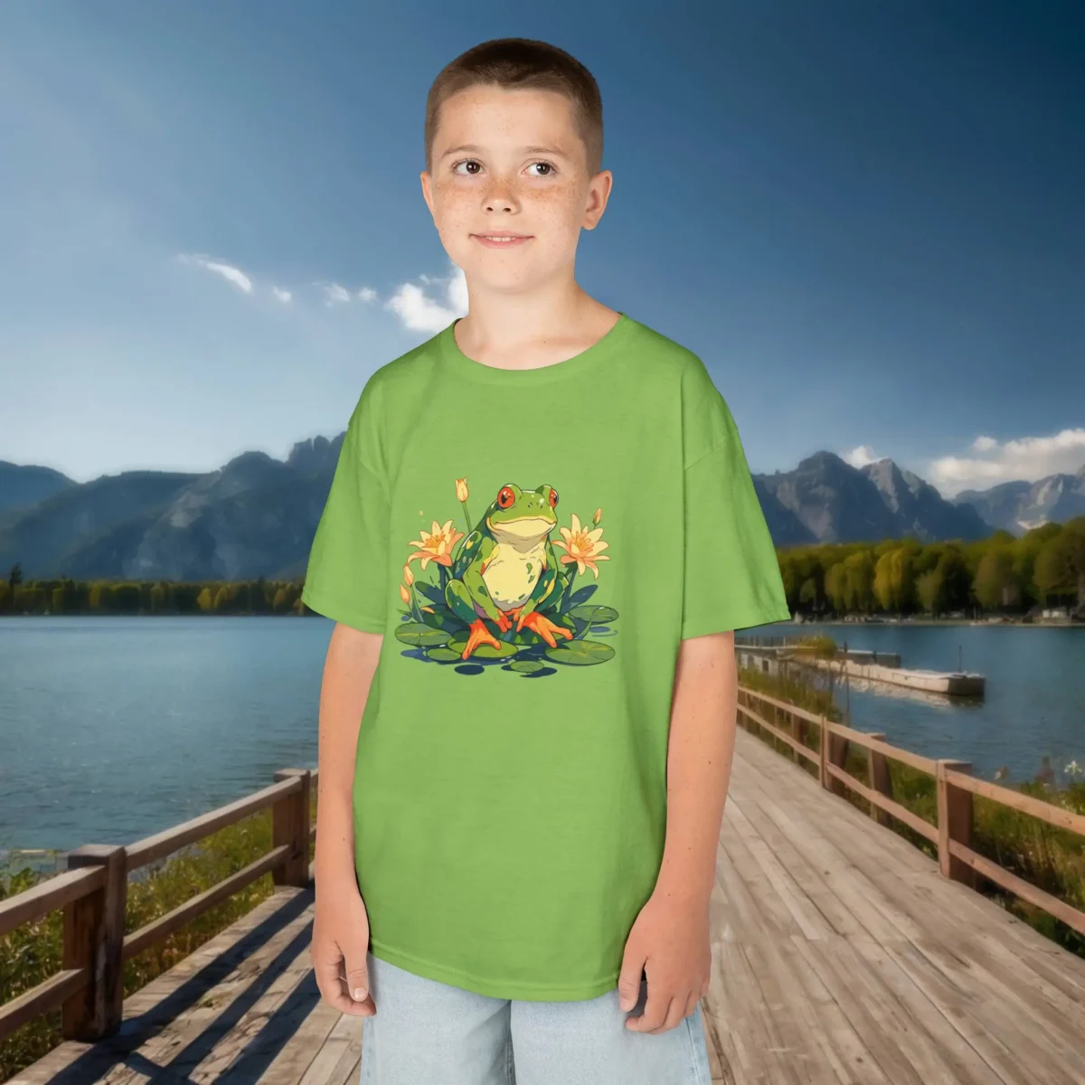 Boy wearing a light green kids t-shirt with a cartoon frog sitting on lily pads surrounded by flowers, standing by a scenic lake.