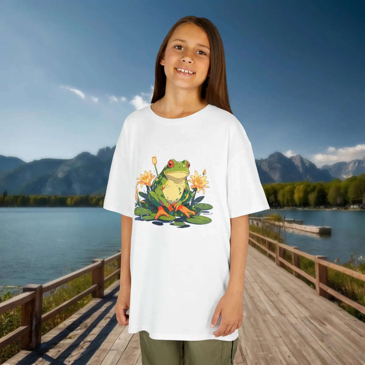 Girl wearing a white t-shirt with a cheerful frog graphic sitting on lily pads surrounded by flowers, posing on a dock by a lake.