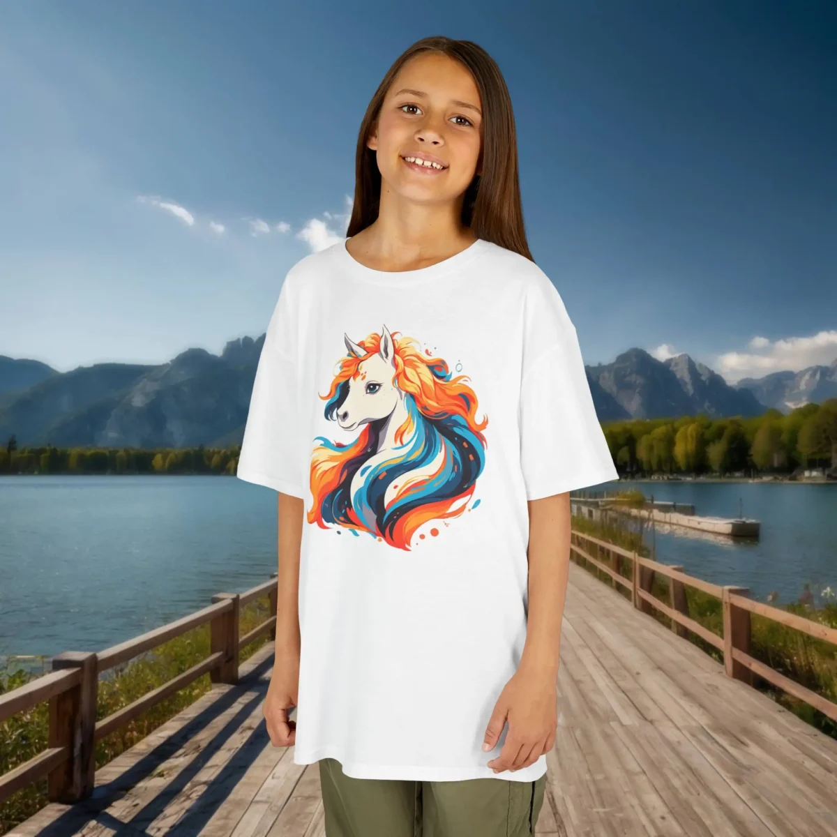 Girl wearing a white t-shirt with a unicorn and vibrant mane in orange, blue, and red shades, standing by a peaceful lakeside.