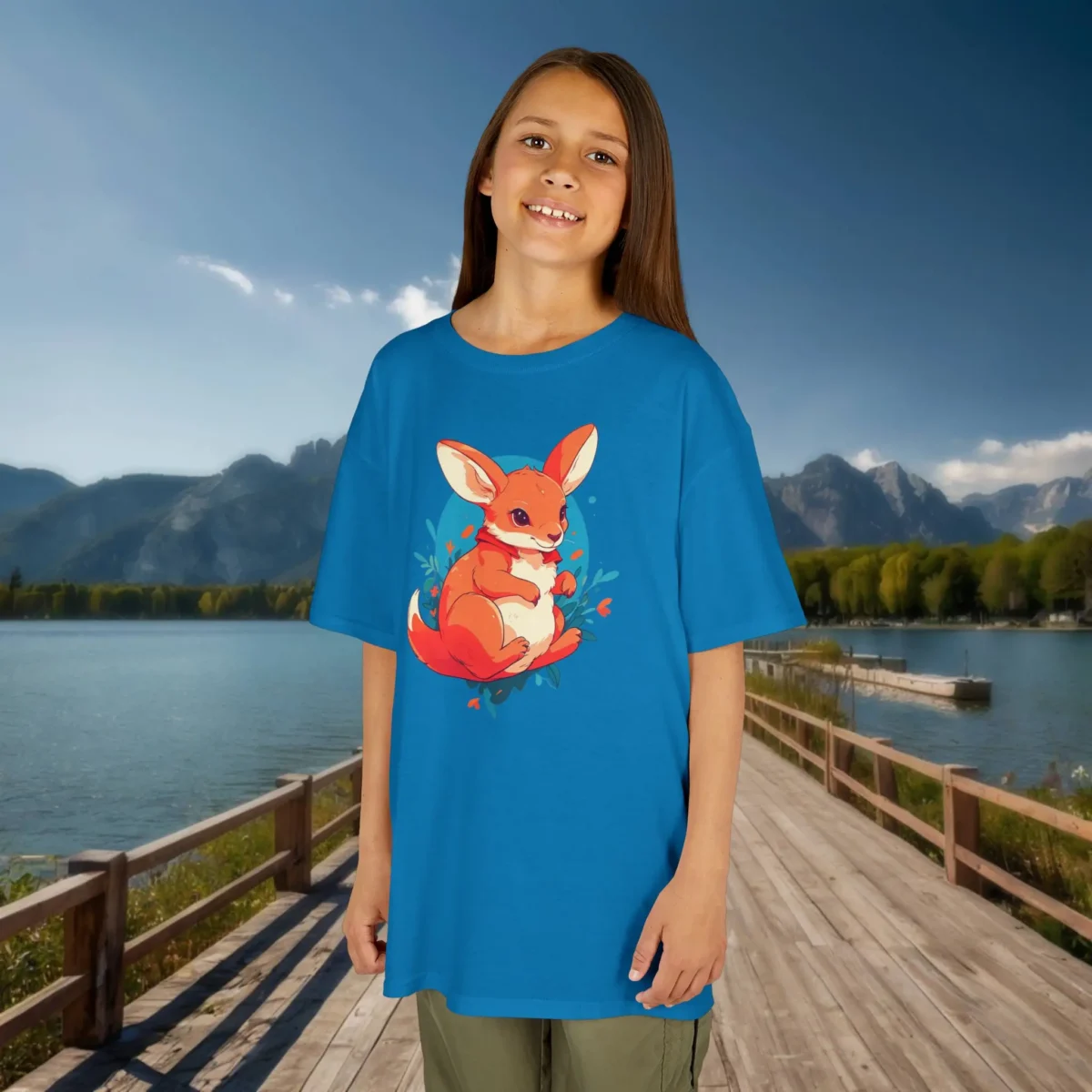 Smiling girl in a sapphire blue kids t-shirt with a cartoon kangaroo and small red hearts, standing by a wooden dock near a lake.