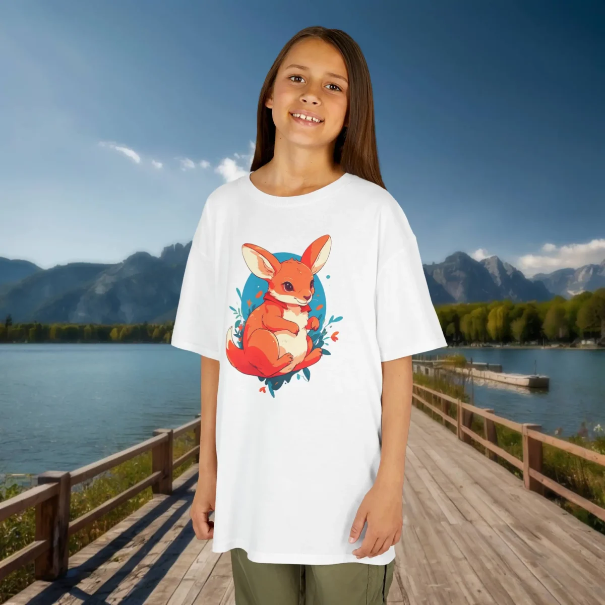 Smiling girl wearing a white kids t-shirt with a cartoon red kangaroo on a blue background surrounded by grass and hearts, posing by a lakeside dock.