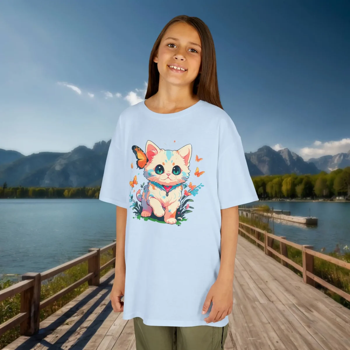 Girl wearing a light blue t-shirt with a cartoon kitten surrounded by butterflies and grass, posing near a mountain lake.