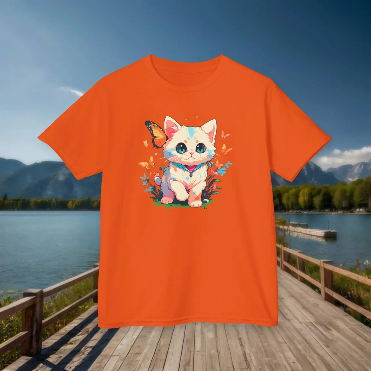 Flat lay of an orange t-shirt with a cartoon kitten and butterflies, placed on a wooden boardwalk near a lake.