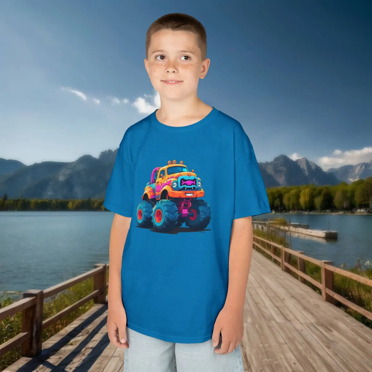 Boy wearing a sapphire blue kids t-shirt with a bright orange and pink cartoon monster truck, standing on a dock near a scenic lake.