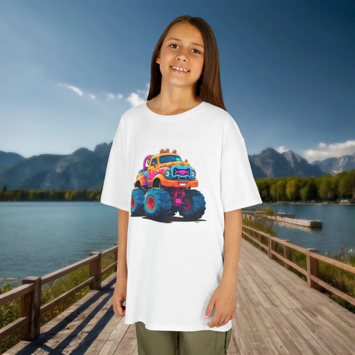 Girl wearing a white t-shirt with a playful cartoon monster truck in bright orange and pink colors, posing on a wooden boardwalk by the lake.