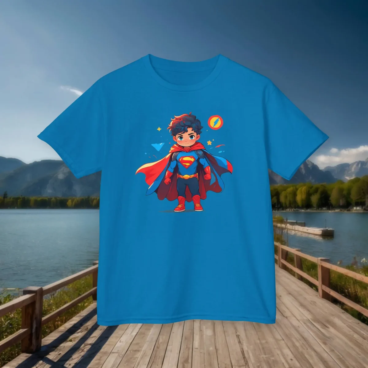 Blue kids t-shirt with cute cartoon superhero boy illustration displayed on outdoor background