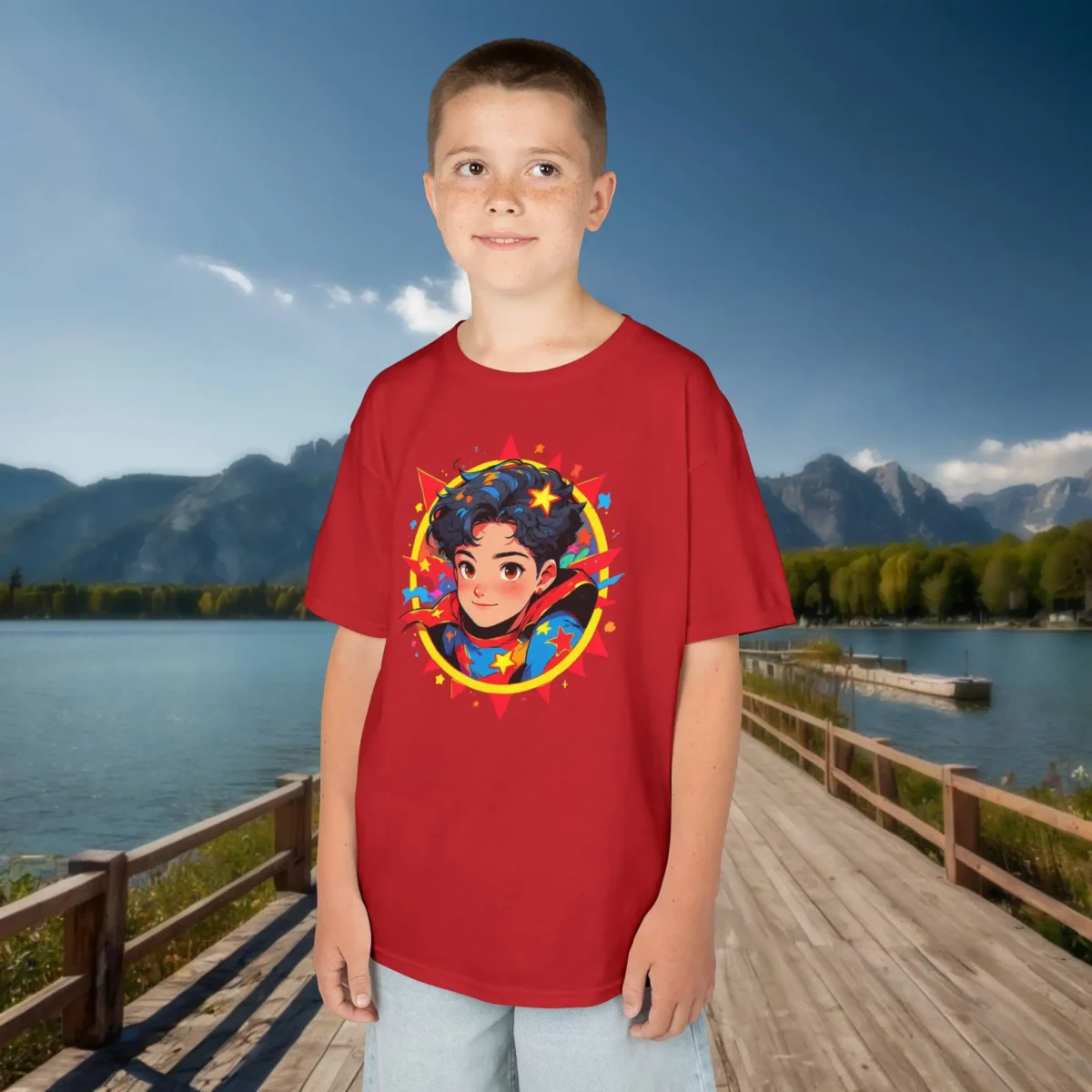 Boy wearing a red kids t-shirt with a colorful cartoon superhero boy illustration framed by stars and comic-style elements.