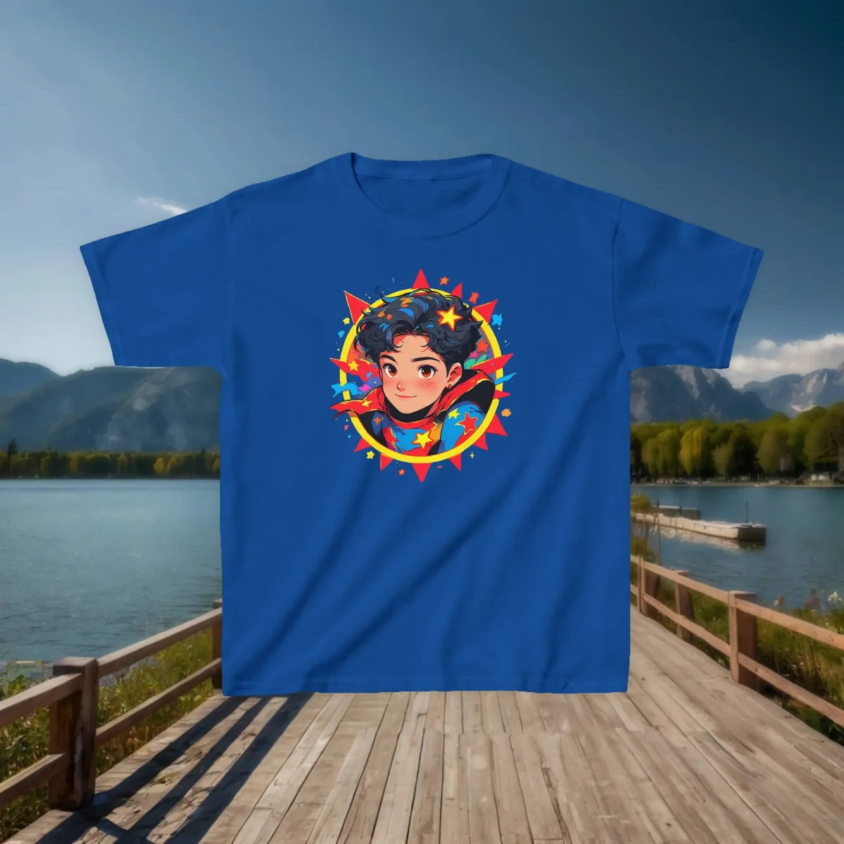Flat lay of a royal blue kids t-shirt with a colorful cartoon superhero boy surrounded by stars and comic-style bursts.